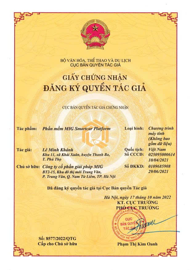 Giấy chứng nhận đăng ký quyền tác giả – MIG Smartcar Platform