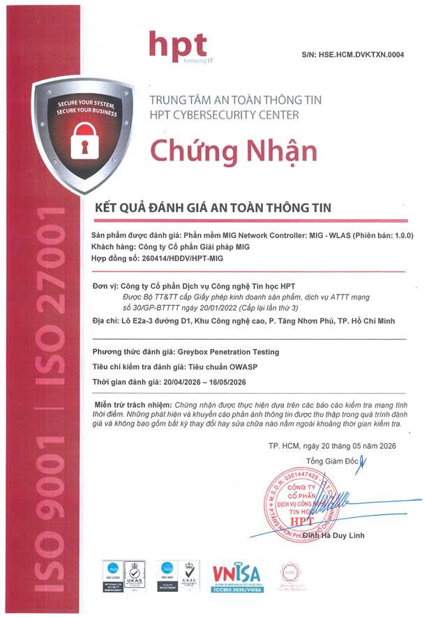 Giấy chứng nhận an toàn thông tin – MIG Network Controller: MIG‑WLAS